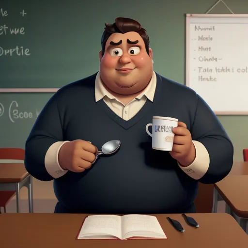 a cartoon character holding a coffee cup and spoon in front of a book and a book on a desk, by Pixar Concept Artists