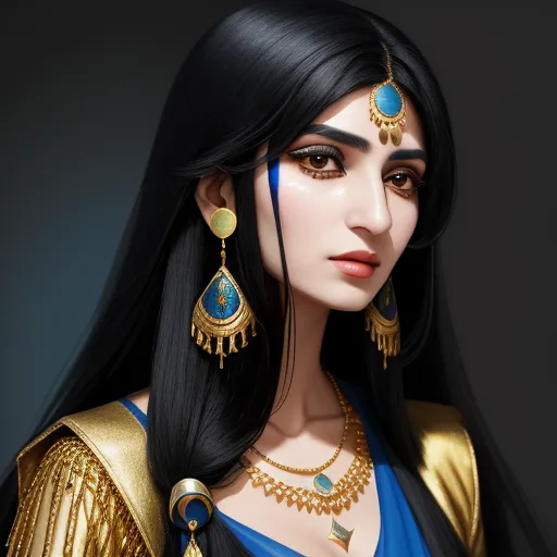 a woman with long black hair wearing a gold and blue outfit and jewelry with a blue background and a black background, by Lois van Baarle