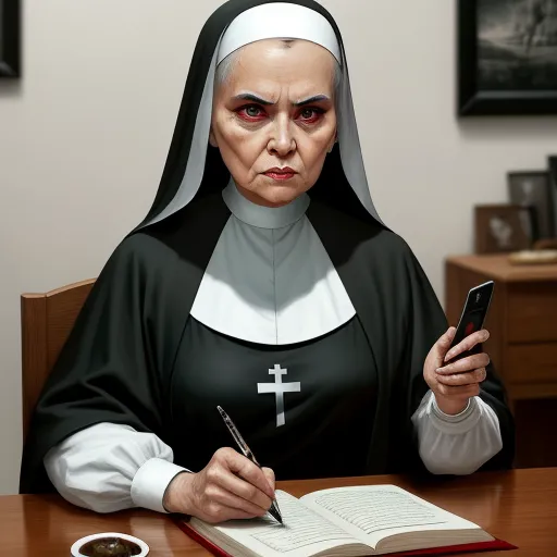 ai image generator names - a nun holding a cell phone and a book on a table with a pen and a cup of coffee, by Anton Semenov