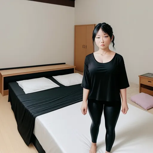 a woman standing in front of a bed in a room with a black cover and a white sheet on the bed, by Terada Katsuya