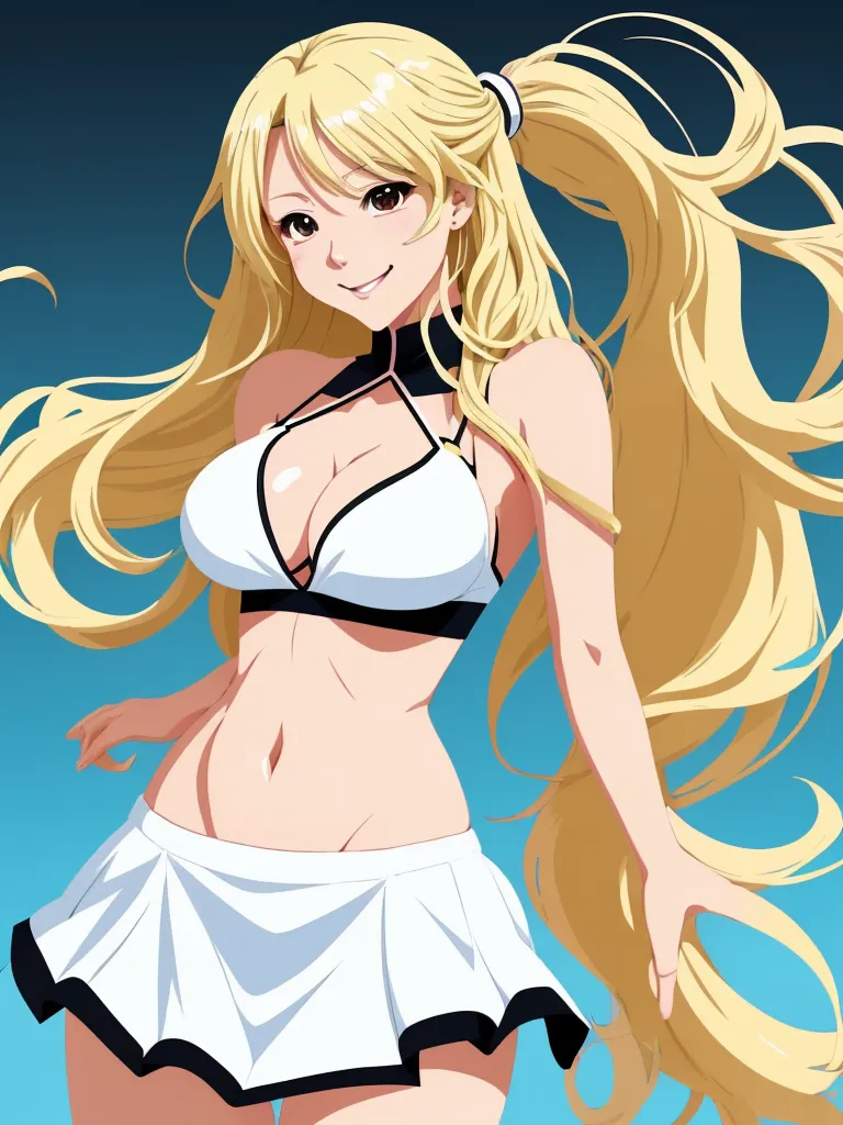 convert to 4k photo - a woman in a white and black outfit with long blonde hair and a ponytail is standing in front of a blue sky, by Toei Animations