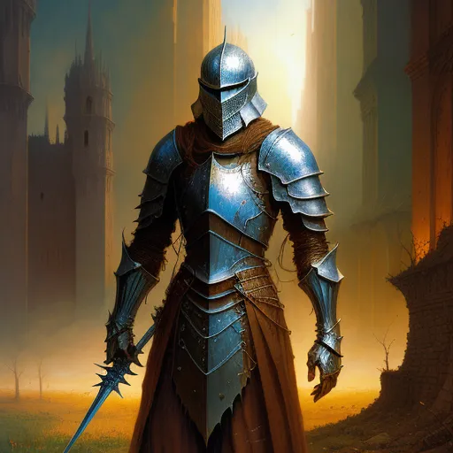 a knight in a castle with a sword in his hand and a castle in the background, in a painting, by Antonio J. Manzanedo
