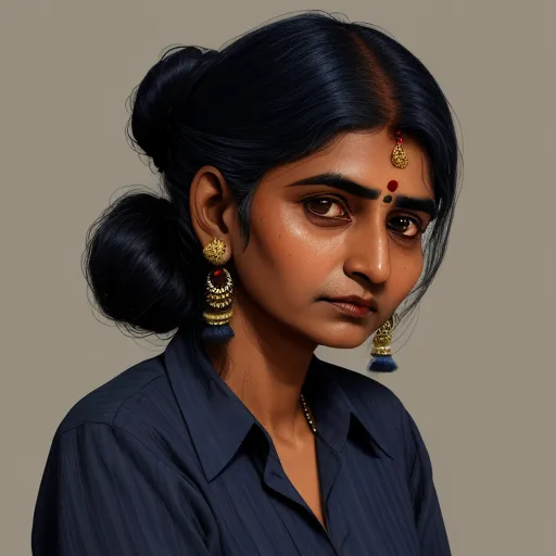 a woman with a black shirt and earrings on her head and a blue shirt on her shirt and a black shirt, by Lois van Baarle