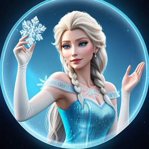 a frozen princess holding a snowflake in her hand in a circle with snow flakes on it, by NHK Animation