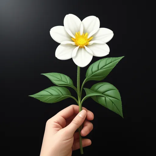 a hand holding a white flower with green leaves on a black background with a yellow center in the middle, by Hsiao-Ron Cheng