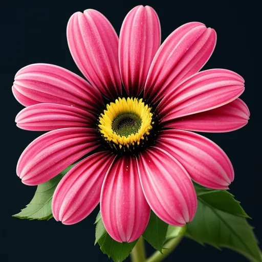 best free ai image generator - a pink flower with a yellow center on a black background with green leaves and a black background behind it, by Georgia O’Keeffe
