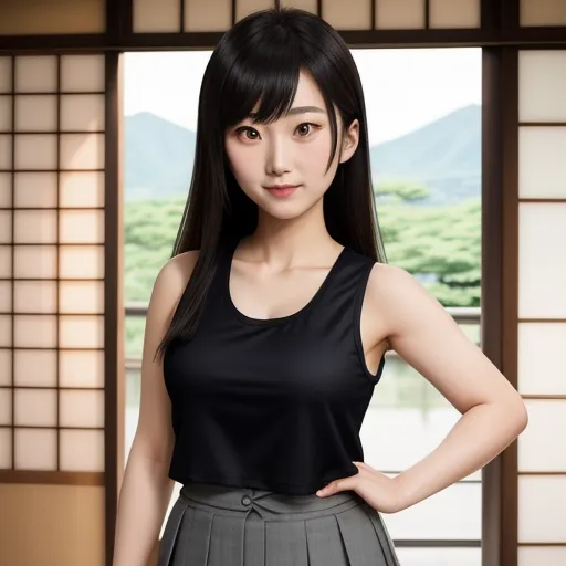 free online ai image generator from text - a woman in a black top and a gray skirt standing in front of a window with a mountain view, by Baiōken Eishun