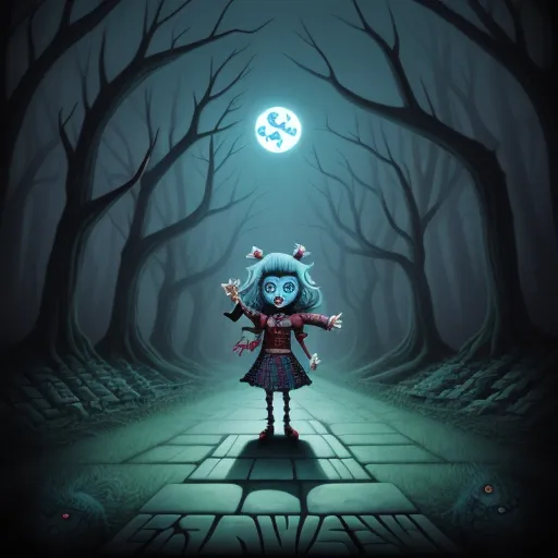 a cartoon character standing in a dark forest with a glowing light above her head and a creepy looking figure in the background, by Jamie Hewlett
