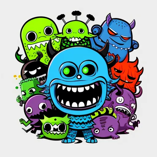 a group of cartoon monsters with a big smile on their face and eyes, all with different colors and sizes, by Genndy Tartakovsky