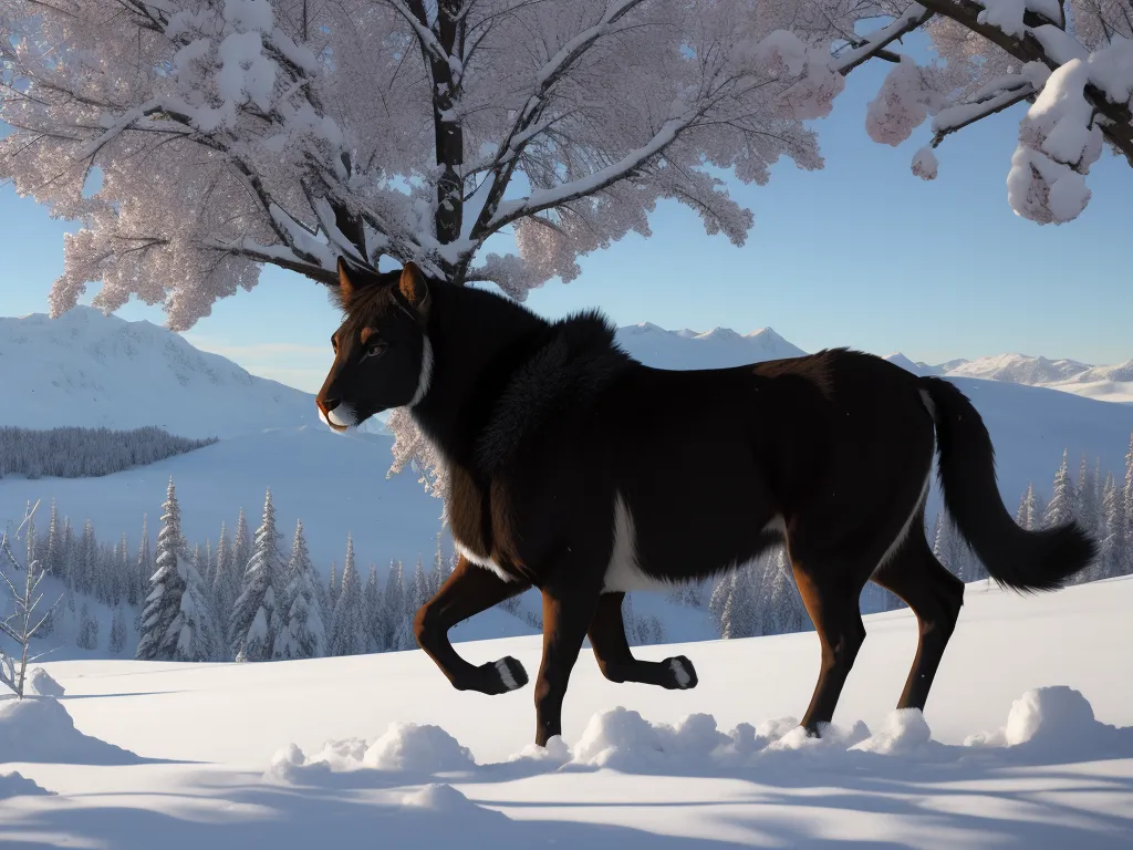 a dog is running through the snow in the woods with a tree in the background and a mountain in the distance, by Alison Kinnaird