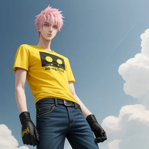 ai image generator text - a man with pink hair and a yellow shirt is standing in front of a blue sky with clouds and a kite, by Terada Katsuya