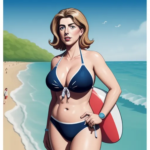 turn image into hd - a woman in a bikini holding a surfboard on the beach with a man in the background in a cartoon style, by Phil Noto