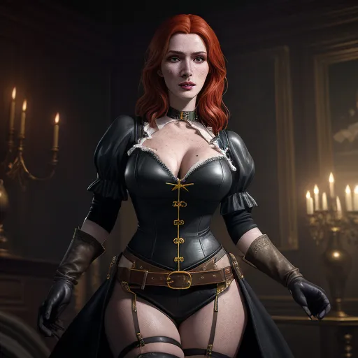 best ai image app - a woman in a corset and a sword in a dark room with candles on the wall and a chandelier, by François Quesnel