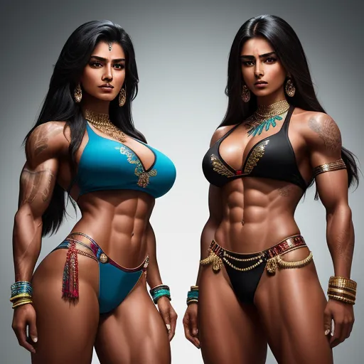 a woman in a bikini and a woman in a bikini with tattoos on her chest and arms and chest, by theCHAMBA