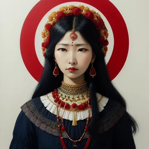 best photo ai enhancer - a woman with a head piece and a necklace on her head and a circle behind her head and a red circle behind her head, by Terada Katsuya