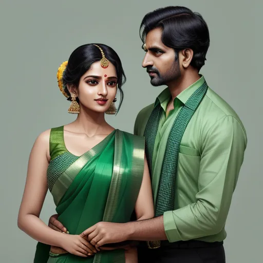 ai image upscaling - a man and woman in green sari posing for a picture together, with a man in a green shirt and tie, by Raja Ravi Varma