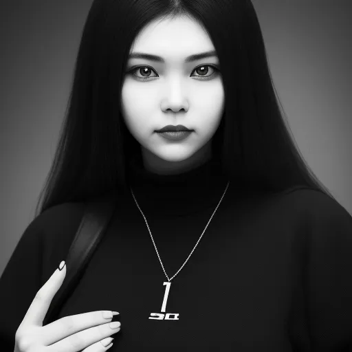 a woman with long black hair and a black shirt holding a black bag and a necklace with a number one on it, by Terada Katsuya