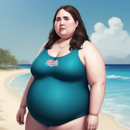 ai text to picture - a fat woman standing on a beach next to the ocean with a blue sky and clouds in the background, by Fernando Botero