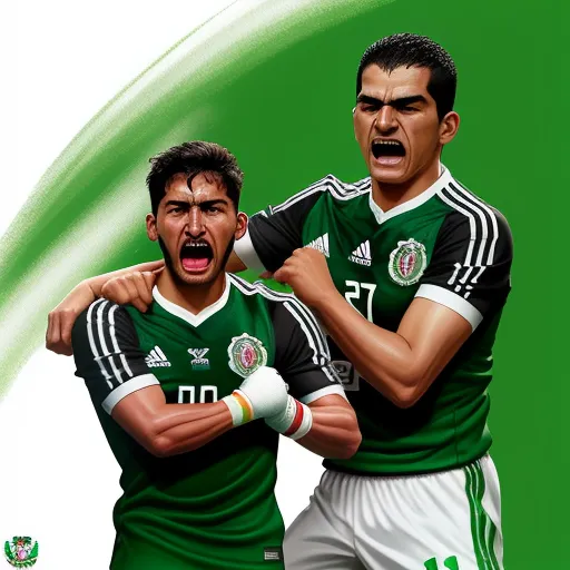 convert to 4k photo - two soccer players are in a green and white uniform with their arms around each other and their mouths open, by Diego Velázquez