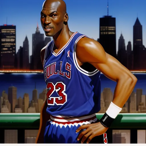 make image higher resolution - a painting of a basketball player in a blue uniform with a city skyline in the background and a painting of a man in a blue jersey, by Brian Stelfreeze