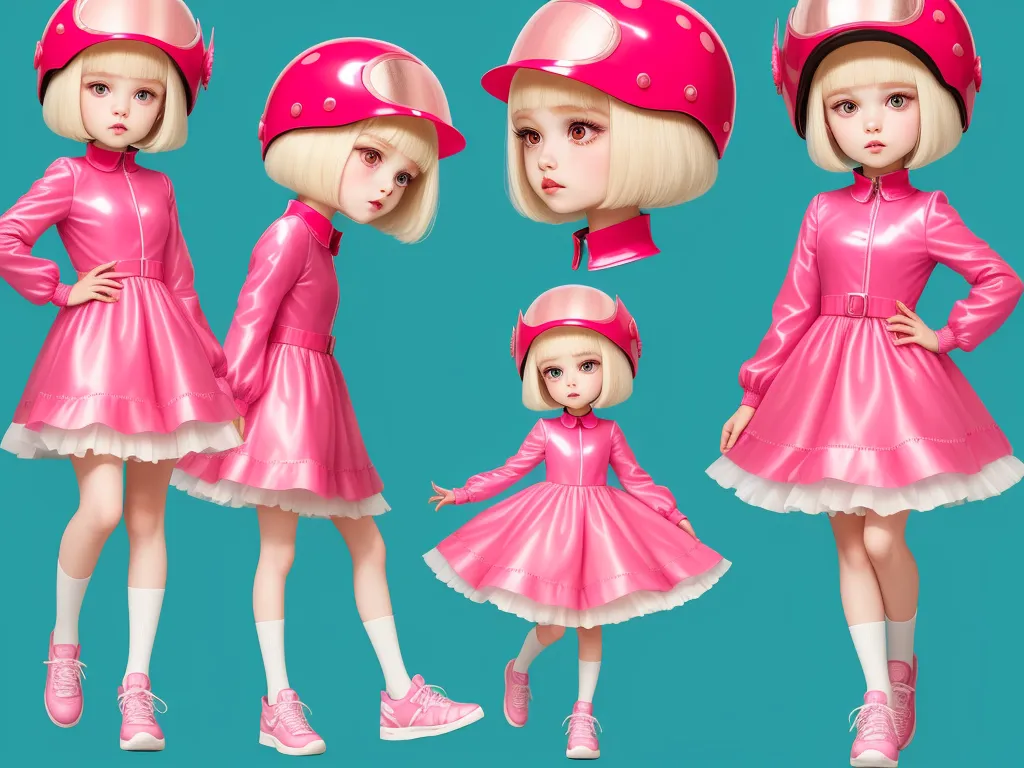 ai image app - a group of three girls in pink dresses and helmets, all wearing pink shoes and dresses, all wearing pink shoes and dresses, by Terada Katsuya
