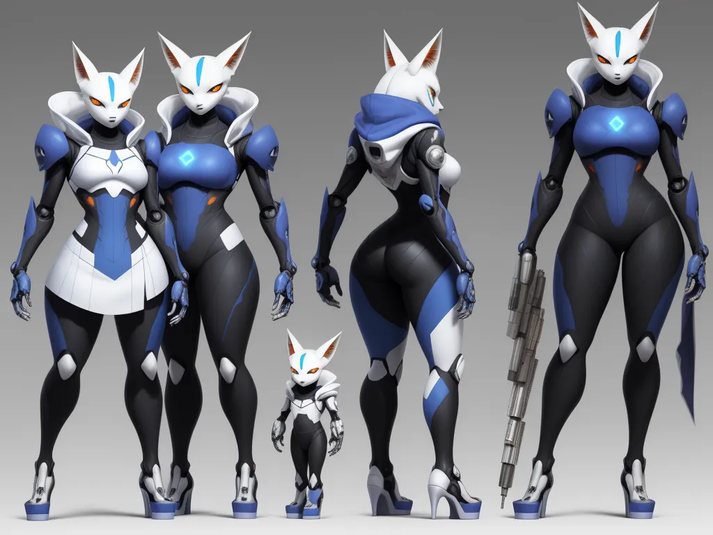 how to make image higher resolution - a group of animated female characters with guns and cats on their backs and arms, all in blue and white, by Terada Katsuya