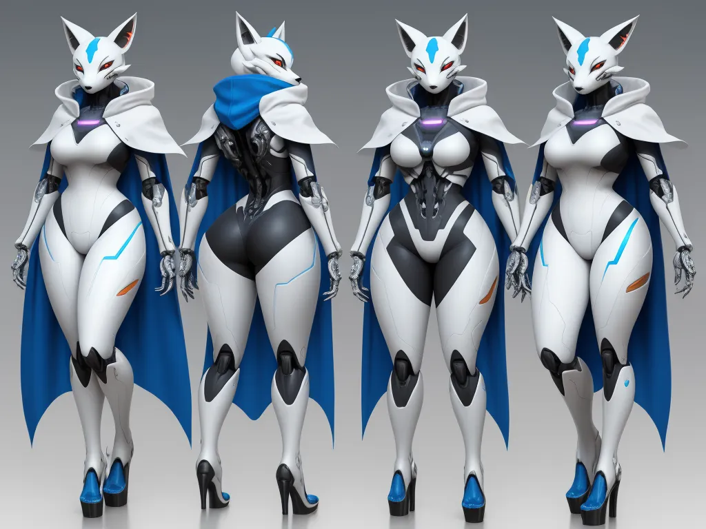 how to increase image resolution - a group of women dressed in catwoman costumes and capes, all standing in different positions, all with blue and white colors, by Terada Katsuya