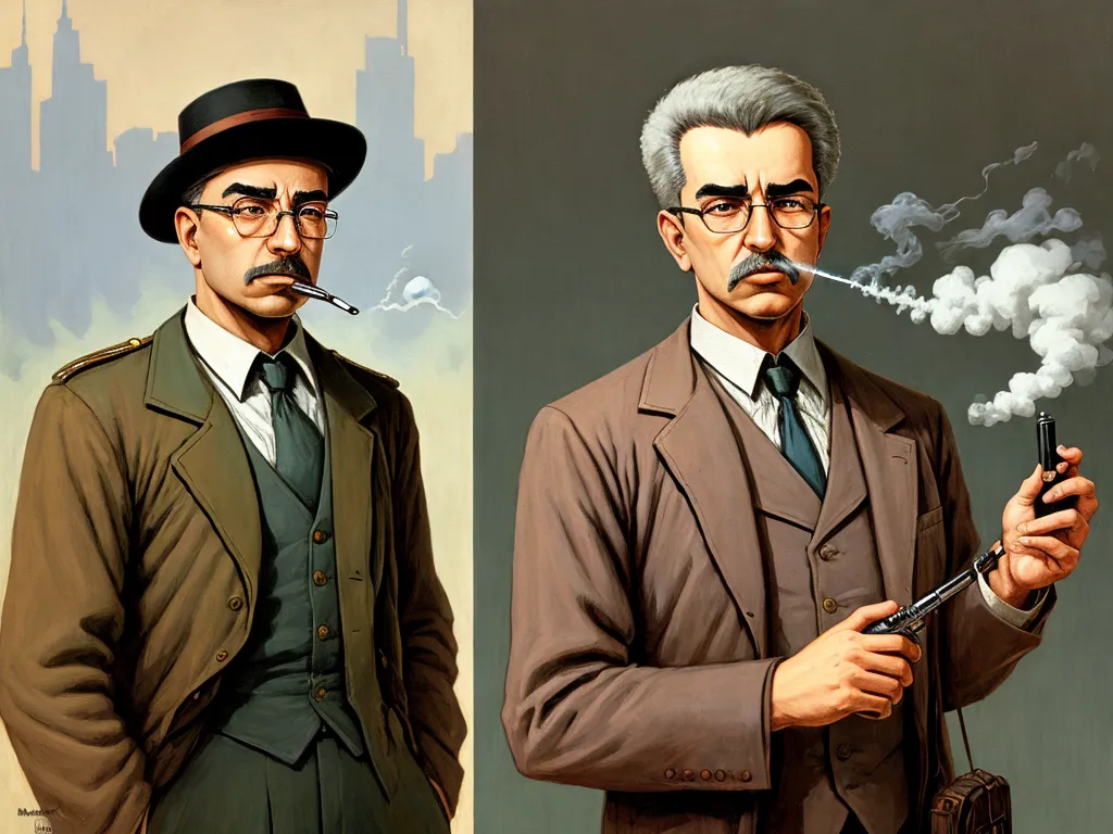 nsfw ai image generator - two paintings of men in suits and ties smoking cigarettes and holding a briefcase and a cigarette lighter in their hands, by Chris Van Allsburg