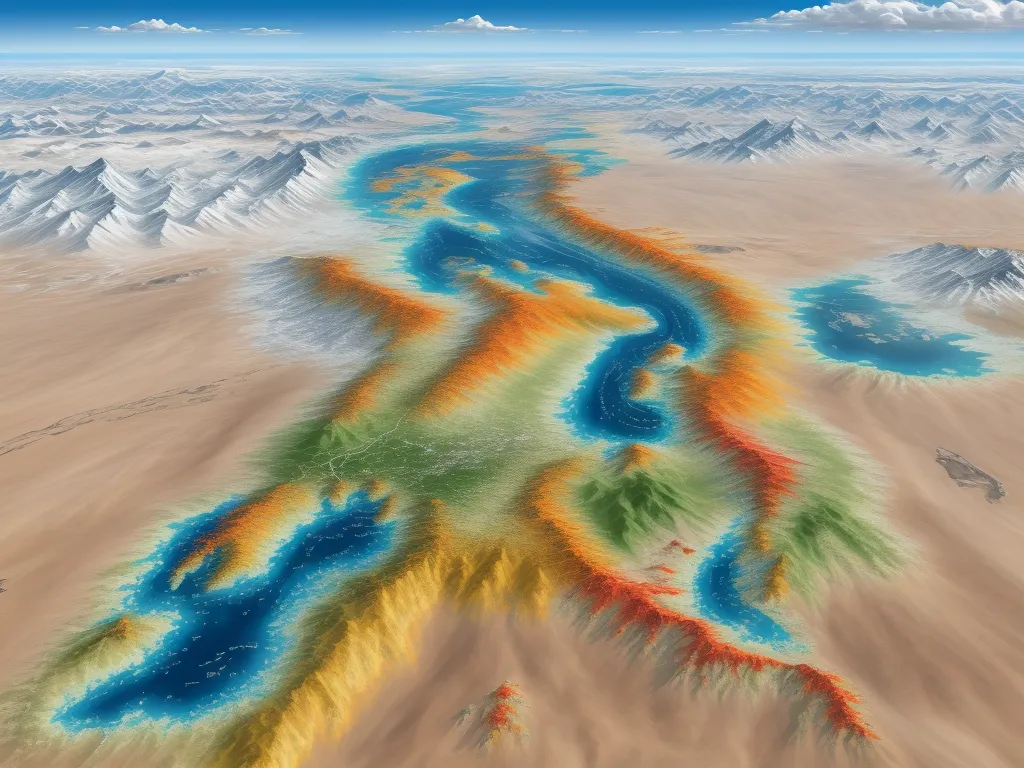 generate ai images from text - a map of a river in the middle of a desert area with mountains in the background and a blue sky, by Georg Friedrich Kersting