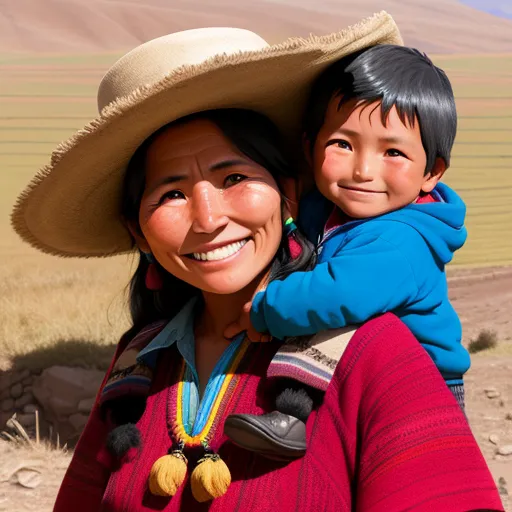 text to ai generated image - a woman and child are smiling in the desert with a mountain in the background and a sky in the background, by Henriett Seth F.
