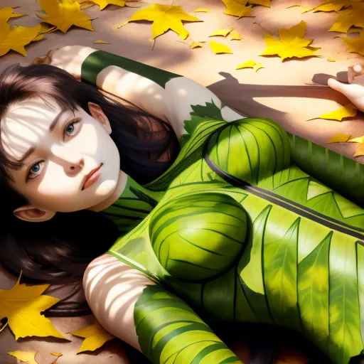 a woman in a green costume laying on the ground with leaves around her and a knife in her hand, by Lois van Baarle