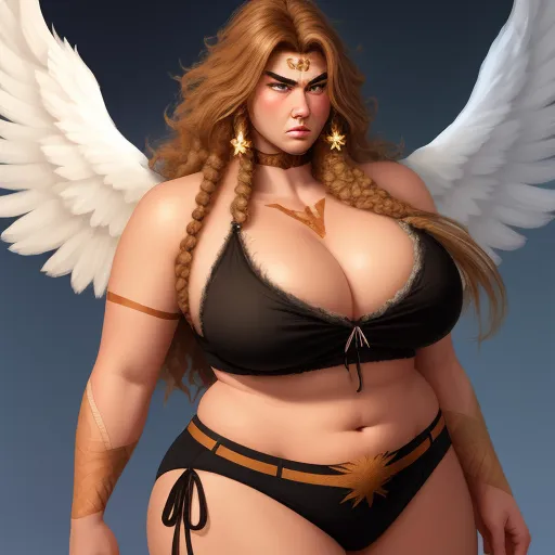 a woman with a large breast and wings on her chest and a bra top on her chest, with a large breast and a gold ring around her neck, by Lois van Baarle