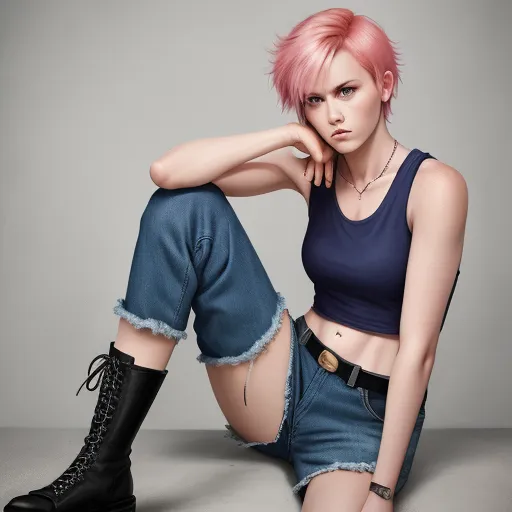 ai image editor - a woman with pink hair and black boots sitting on the ground with her legs crossed and her hand on her hip, by Akira Toriyama