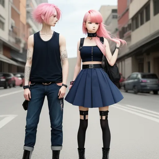 a couple of people standing on a street next to each other with pink hair and tattoos on their arms, by Sailor Moon