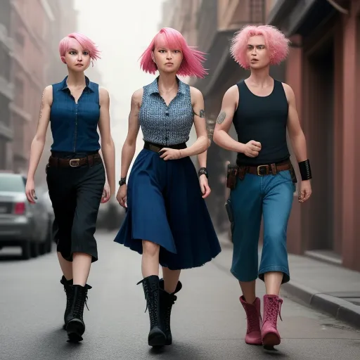 three women walking down a street with pink hair and blue dresses on them, one with pink hair and the other with pink hair, by Akira Toriyama