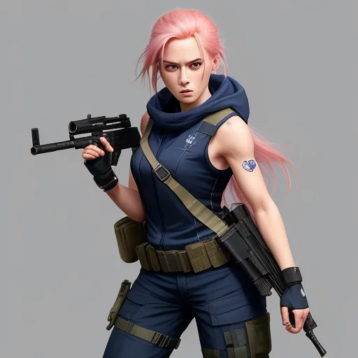 4k to 1080p converter - a woman with pink hair holding a gun and a gun in her hand, wearing a blue outfit and a scarf, by Akira Toriyama