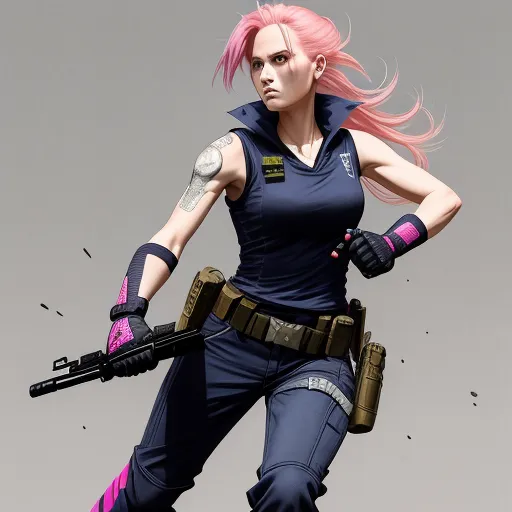 a woman with pink hair holding a gun and a gun in her hand, with a gun in her hand, by Akira Toriyama