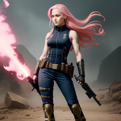 ai your photos - a woman with pink hair holding a gun and a pink flame behind her back and a pink smoke behind her, by Terada Katsuya