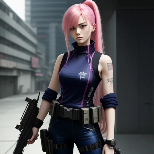 text to image ai generator - a woman with pink hair holding a gun and a gun in her hand, in a city setting with tall buildings, by Hiromu Arakawa