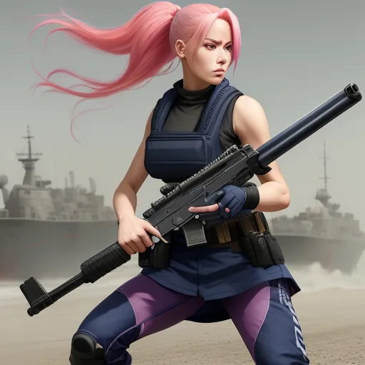 a woman with pink hair holding a gun and a gun in her hand, in front of a ship, by Akira Toriyama