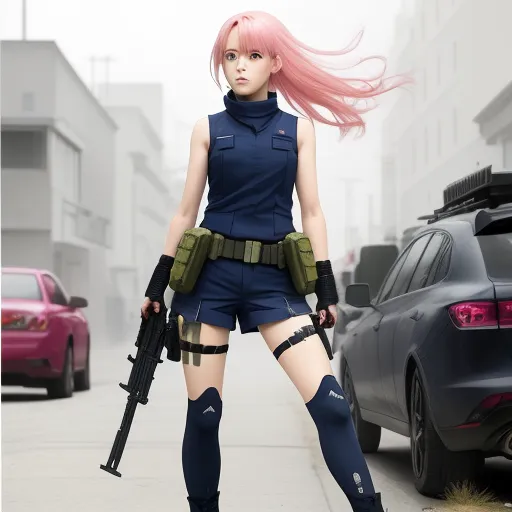 picture converter - a woman with pink hair and a gun in a street with cars behind her and a pink car behind her, by Hiromu Arakawa