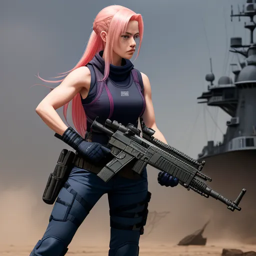 a woman with a gun standing in front of a ship in a desert area with a gun in her hand, by Akira Toriyama