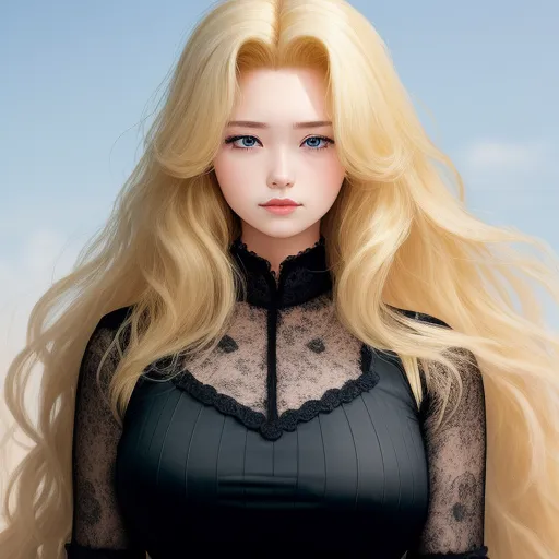 a doll with long blonde hair and a black dress on a blue background with clouds in the sky behind her, by Sailor Moon