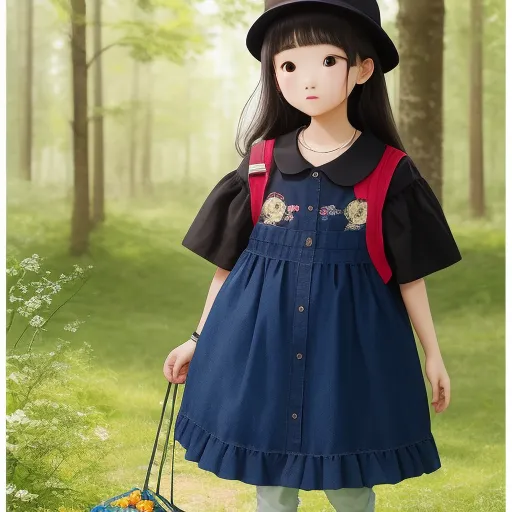 a girl in a dress and hat holding a bag of flowers in a forest with a forest background and a forest scene, by Studio Ghibli