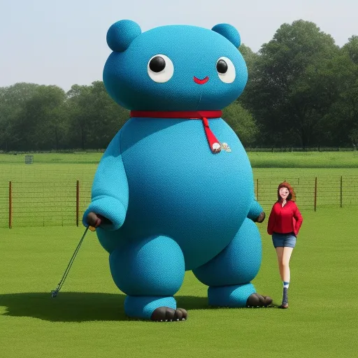 a woman standing next to a giant blue bear in a field of grass with a woman in a red shirt, by Liu Ye