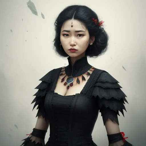 ai image generator online - a woman with a black dress and a necklace on her neck and a red flower in her hair and a black dress with feathers, by Chen Daofu