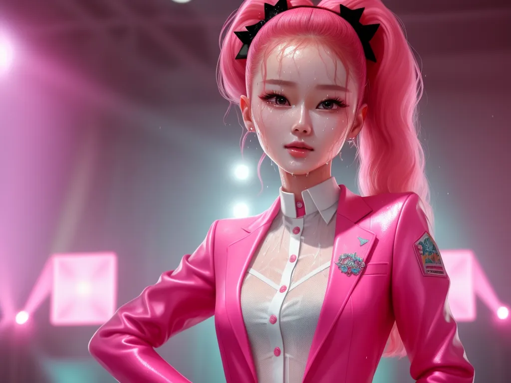 change picture resolution - a woman in a pink suit and a pink hair is standing in a room with lights and a spotlight, by Lois van Baarle