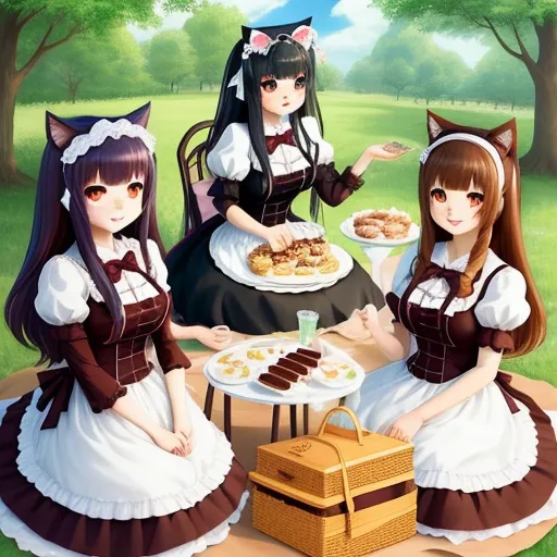 ai that generate images - three anime girls sitting at a table with food in front of them and a box of cookies in the background, by Terada Katsuya