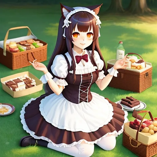 ai image generator from text - a girl in a dress sitting on the grass with a basket of food and a bottle of wine in her hand, by NHK Animation