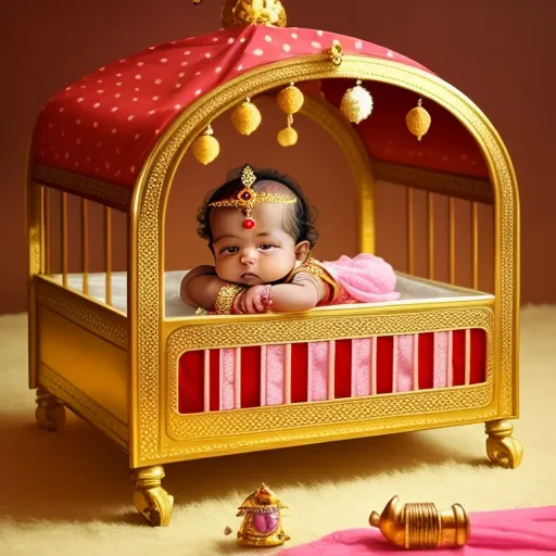 a baby in a golden crib with a red blanket on the floor and a pink blanket on the floor, by Raja Ravi Varma